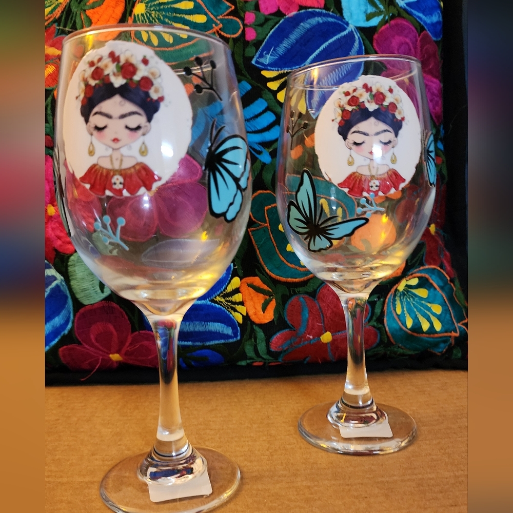 Fridah Kahlo set of two wine glasses